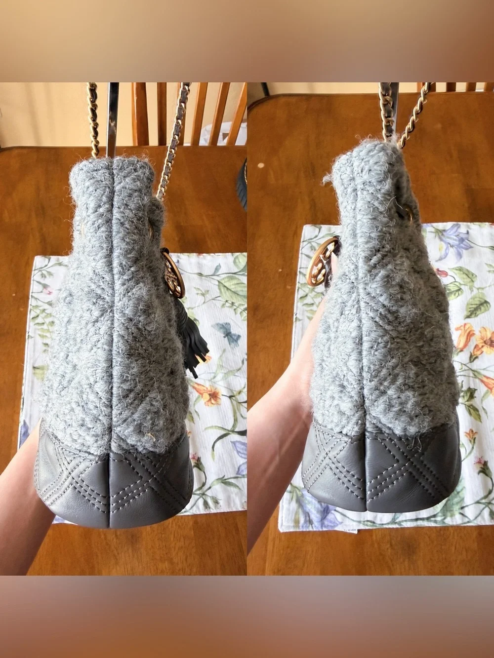 Tory Burch Fleming Soft Bouclé Mini Bucket Bag Carbon EUC